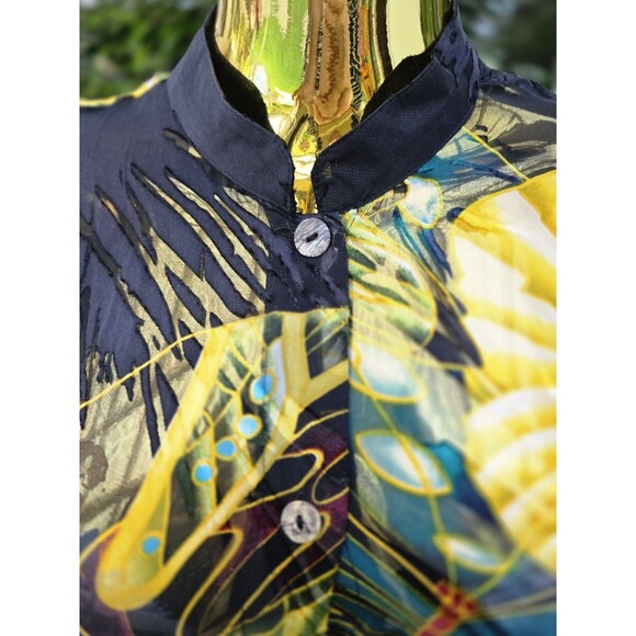 Citron Santa Monica Butterfly Floral Button Front Blouse Silk Rayon Large L - Picture 3 of 12